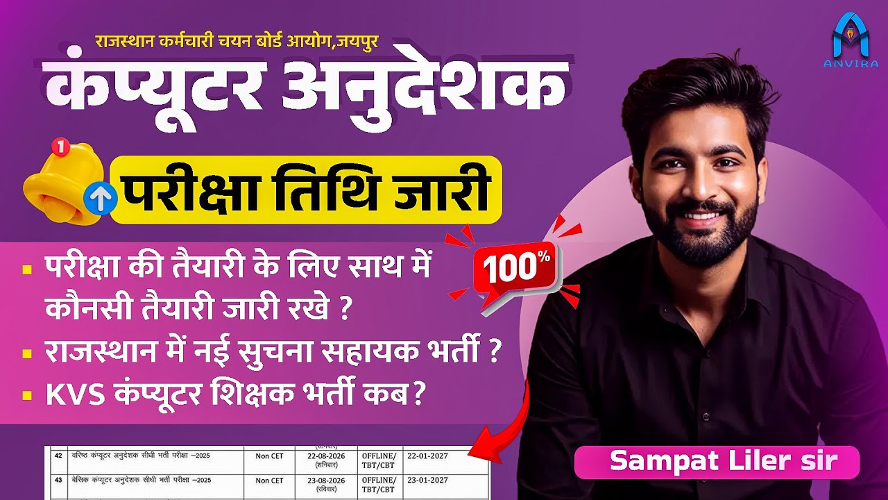 खुशखबरी : कंप्यूटर अनुदेशक परीक्षा तिथि 🔥| Rajasthan Computer Anudeshak update | Sampat Liler