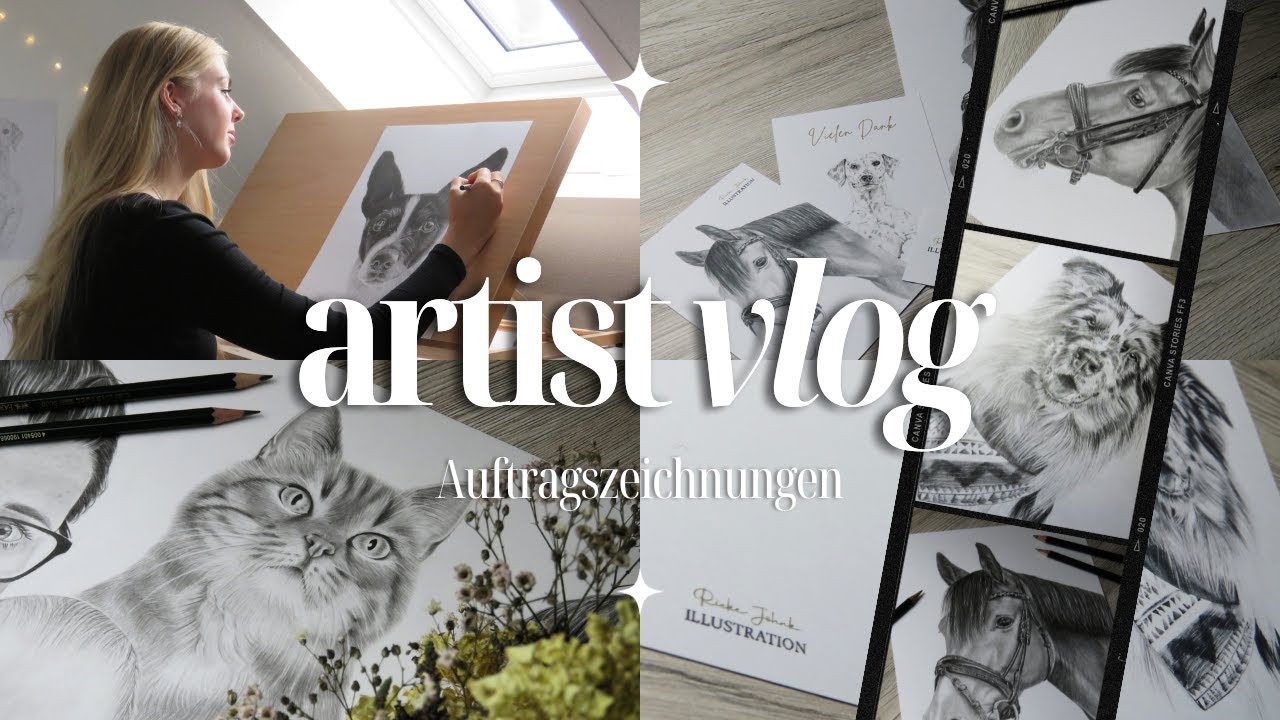 Familienportrait, Bleistiftzeichnung, Haustiere, Auftragszeichnungen / Artist Vlog