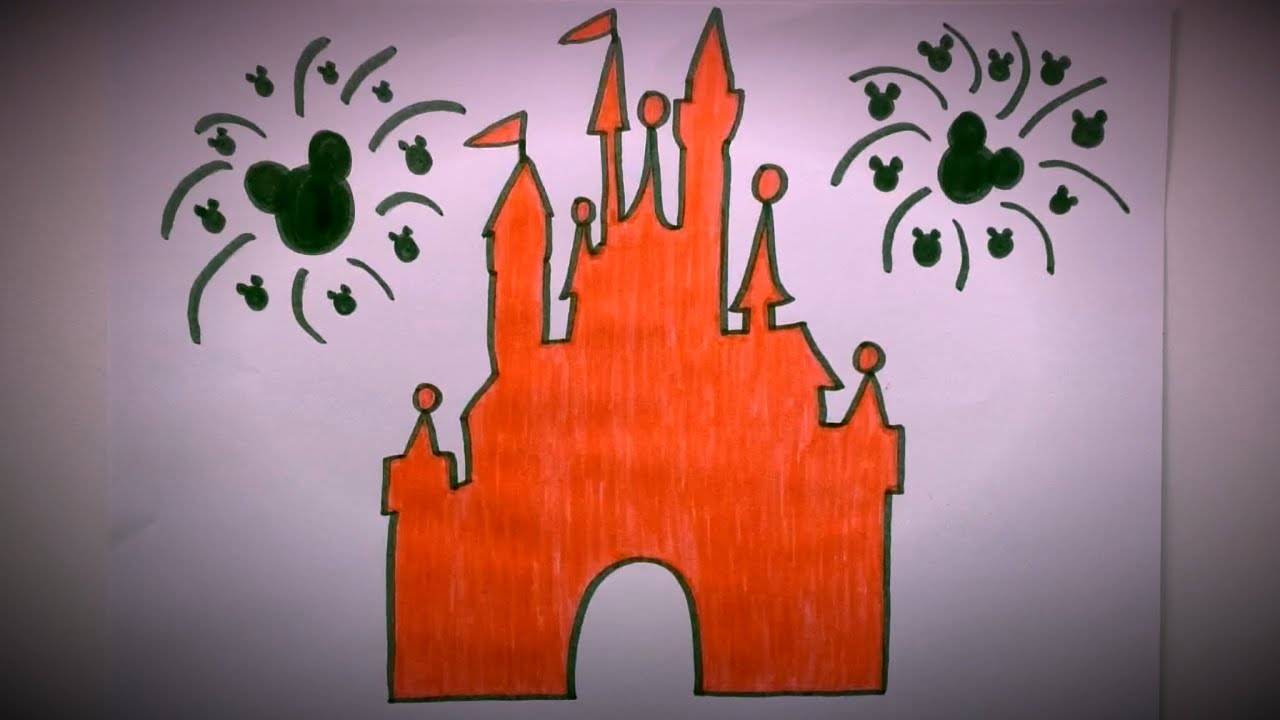 How to draw the Disney Castle in Pink with Micky fireworks ✏️