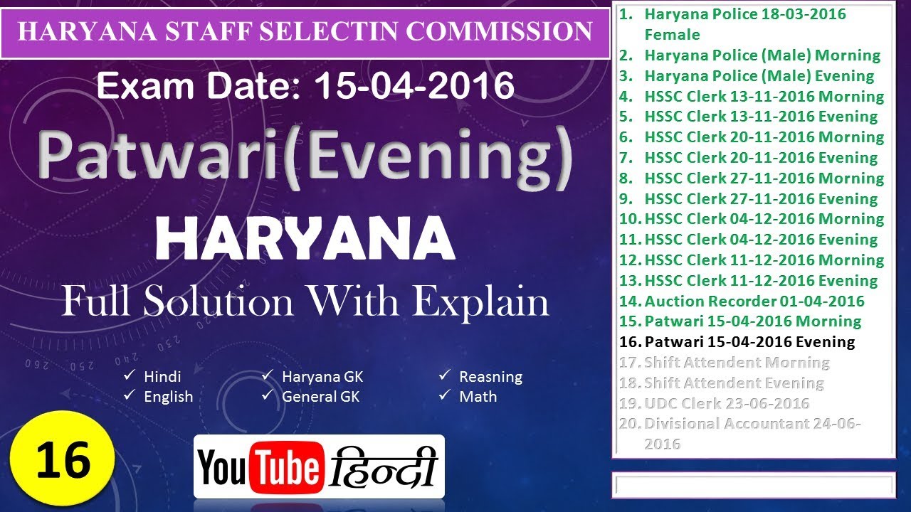 Haryana Patwari solved paper evening shift 15.04.2016