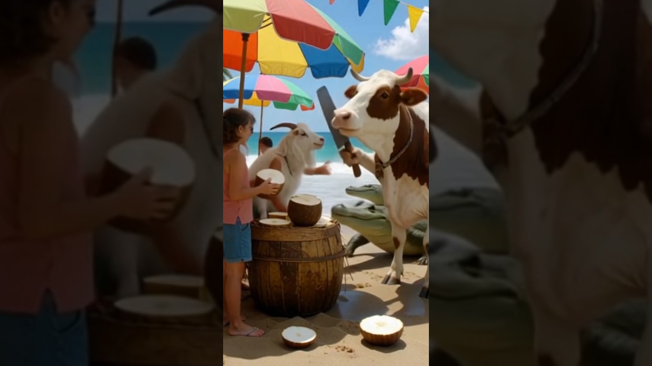 Cow and Goat Selling Coconuts on the Beach 🌊🐐🐄 | Realistic AI Animation