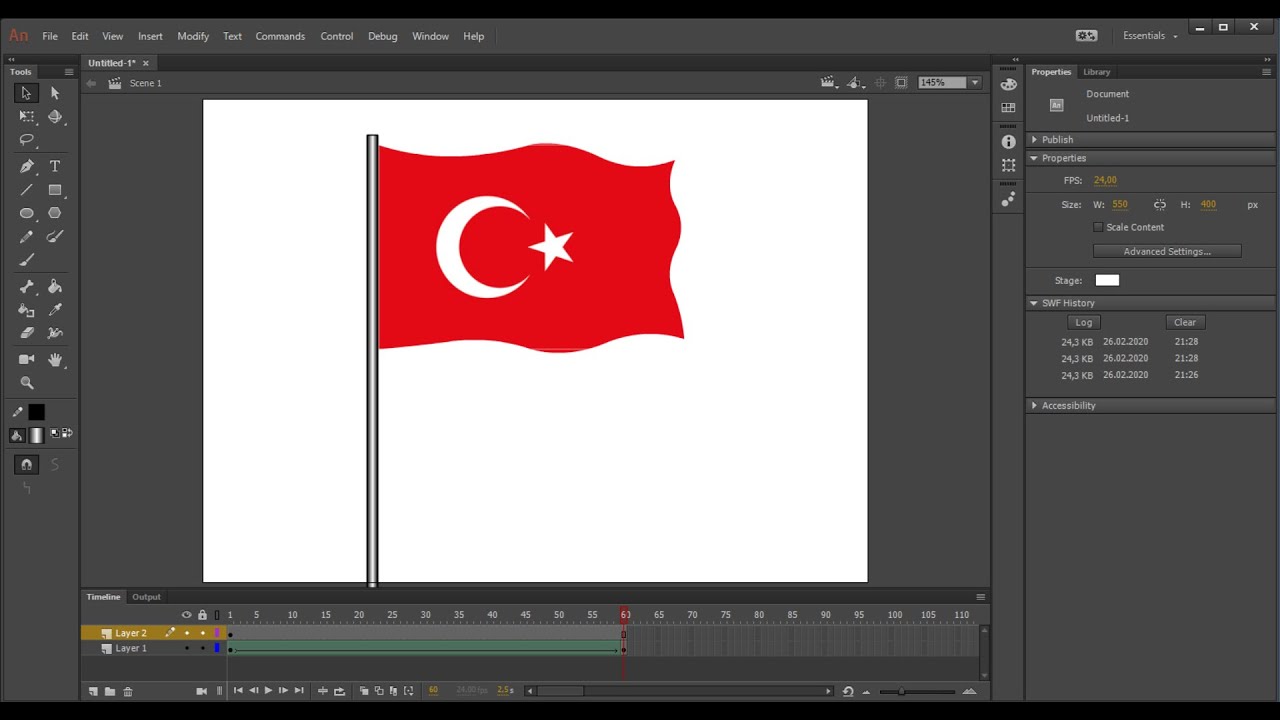 Animate CC Dersleri 9: Shape Hint Kullanarak Dalgalanan Bayrak Animasyonu yapma