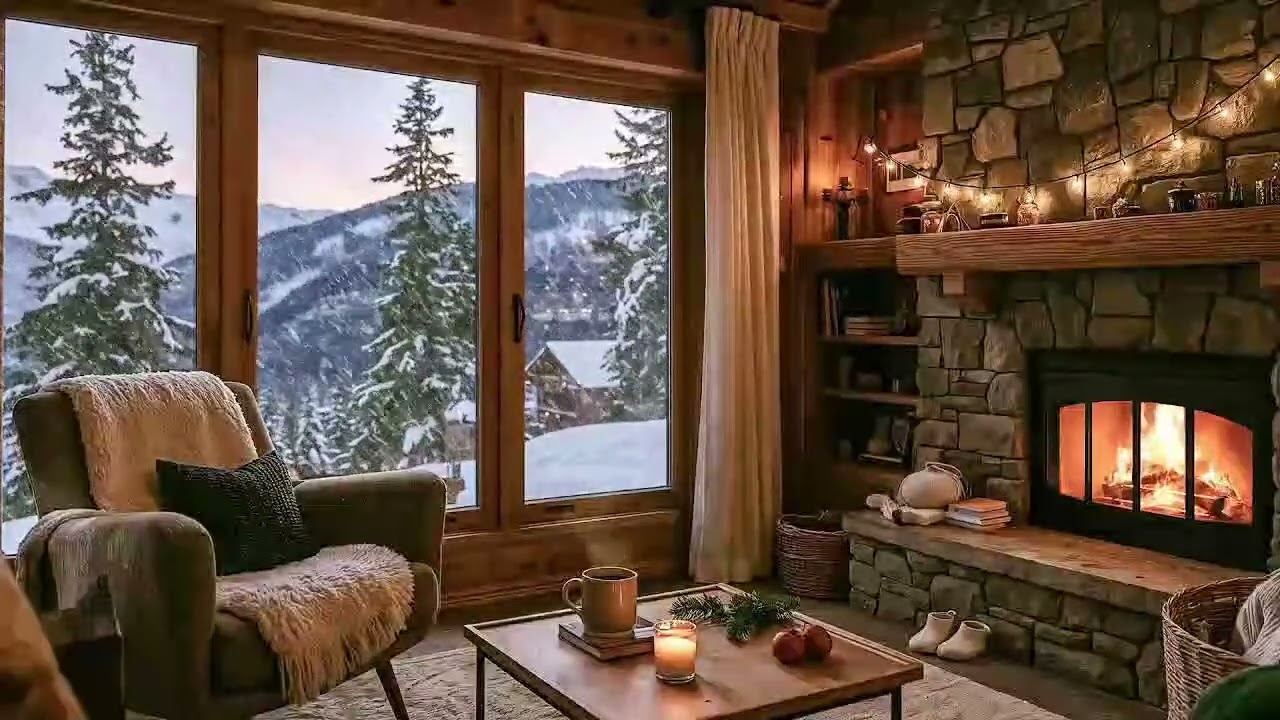 Warm Cabin with Crackling Fireplace & Snowy Mountain View | Live Pink Noise Winter Sleep