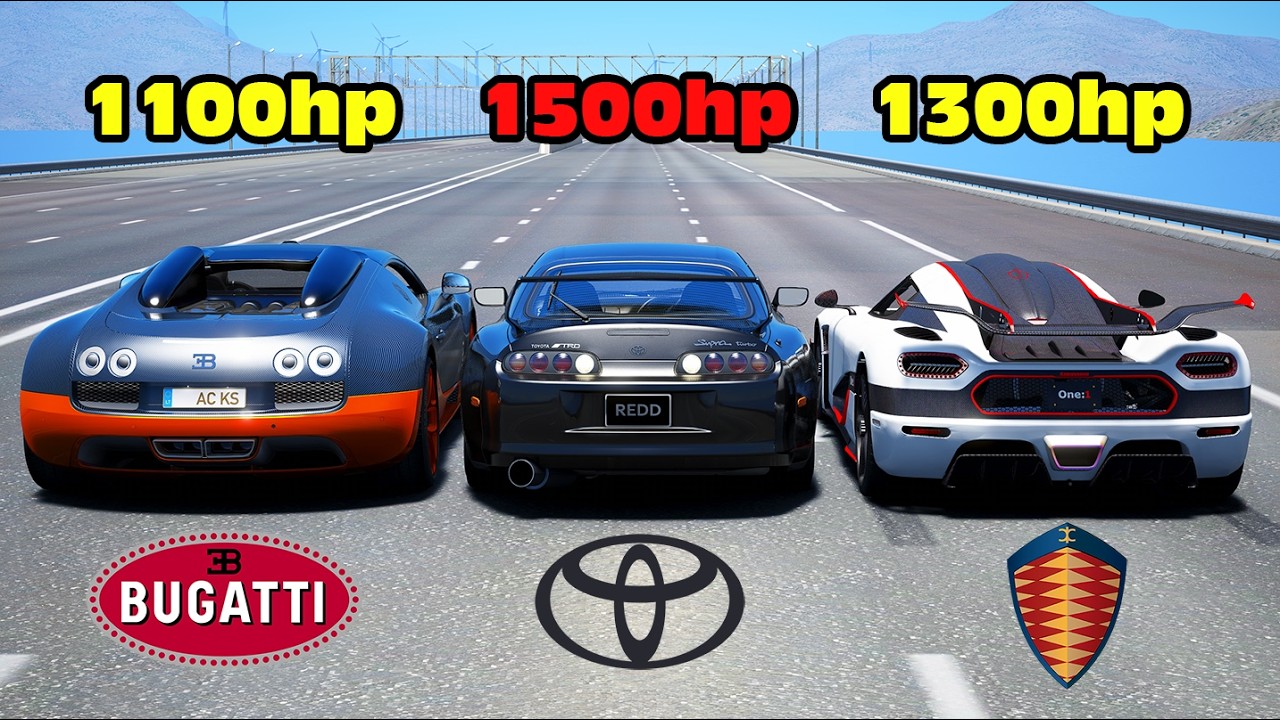 Toyota Supra 1500 л.с. против Koenigsegg One:1 против Bugatti Veyron DRAG RACE