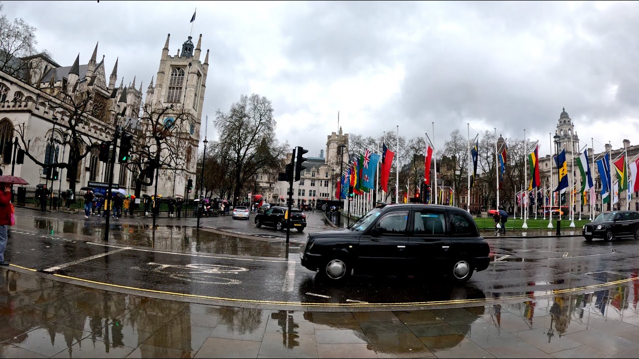 London Rain Walk from Albert Bridge to Victoria Embankment 4K