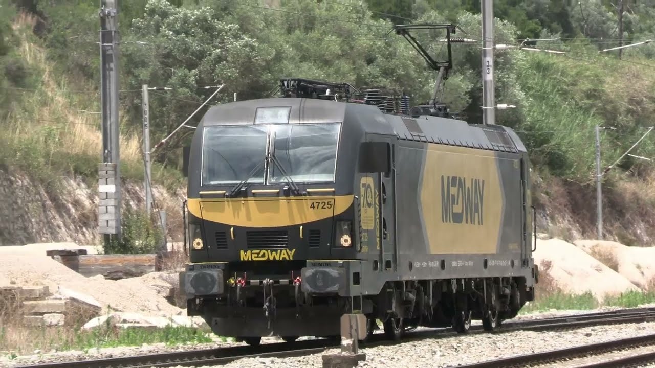Cruzamento de Alfa com Medway 4700 e saída de comboio de máquinas de via - Santarém - 12 Jun 2023
