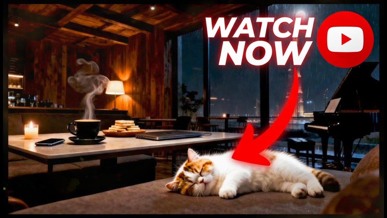 Deep Sleep Café Ambience with Cat and Rainy Night Jazz