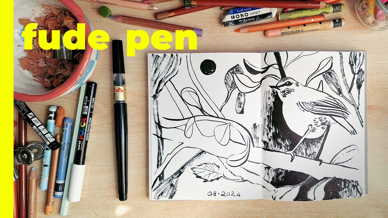 Draw with me / Unboxing and trying Pentel FUDE PEN for the first time / new art supply