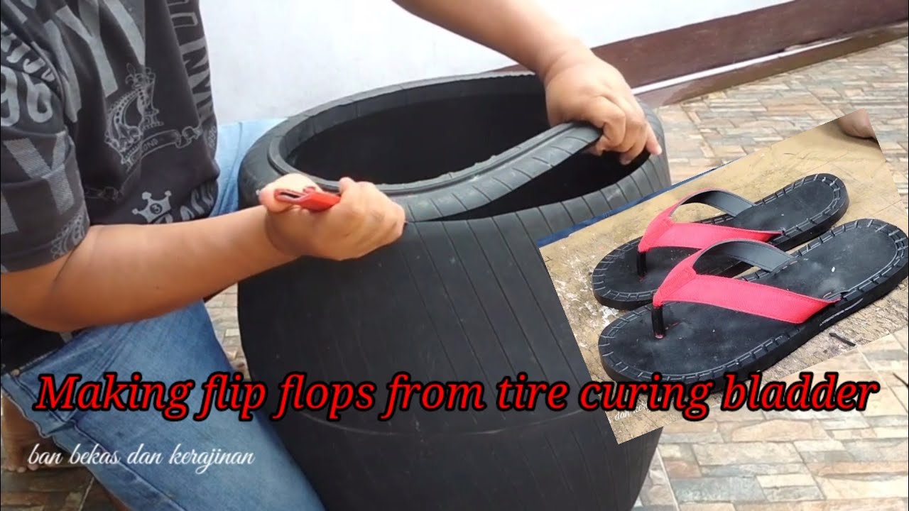 Making flip-flops from tire curing bladder/waste tires