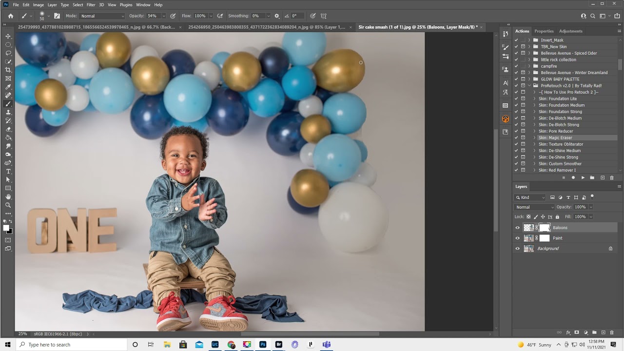 Fixing a background with a balloon garland in photoshop, quick select, paint, mask