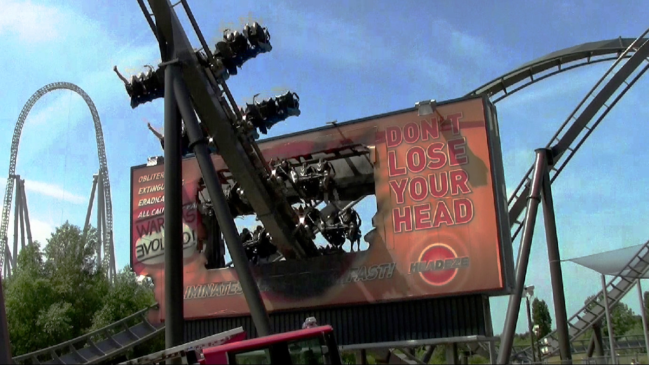 Swarm (with reverse facing back row seats) off-ride HD Thorpe Park