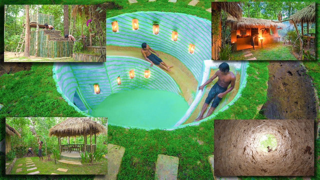 100days Building Bamboo Villa and Underground Water Park in Jungle by Ancient Skills