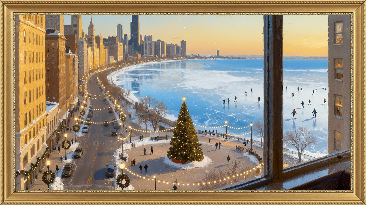 4k | Winter Holiday City painting 🏢 snow falling motion ❄️ | Frame art for your TV | 1 hour