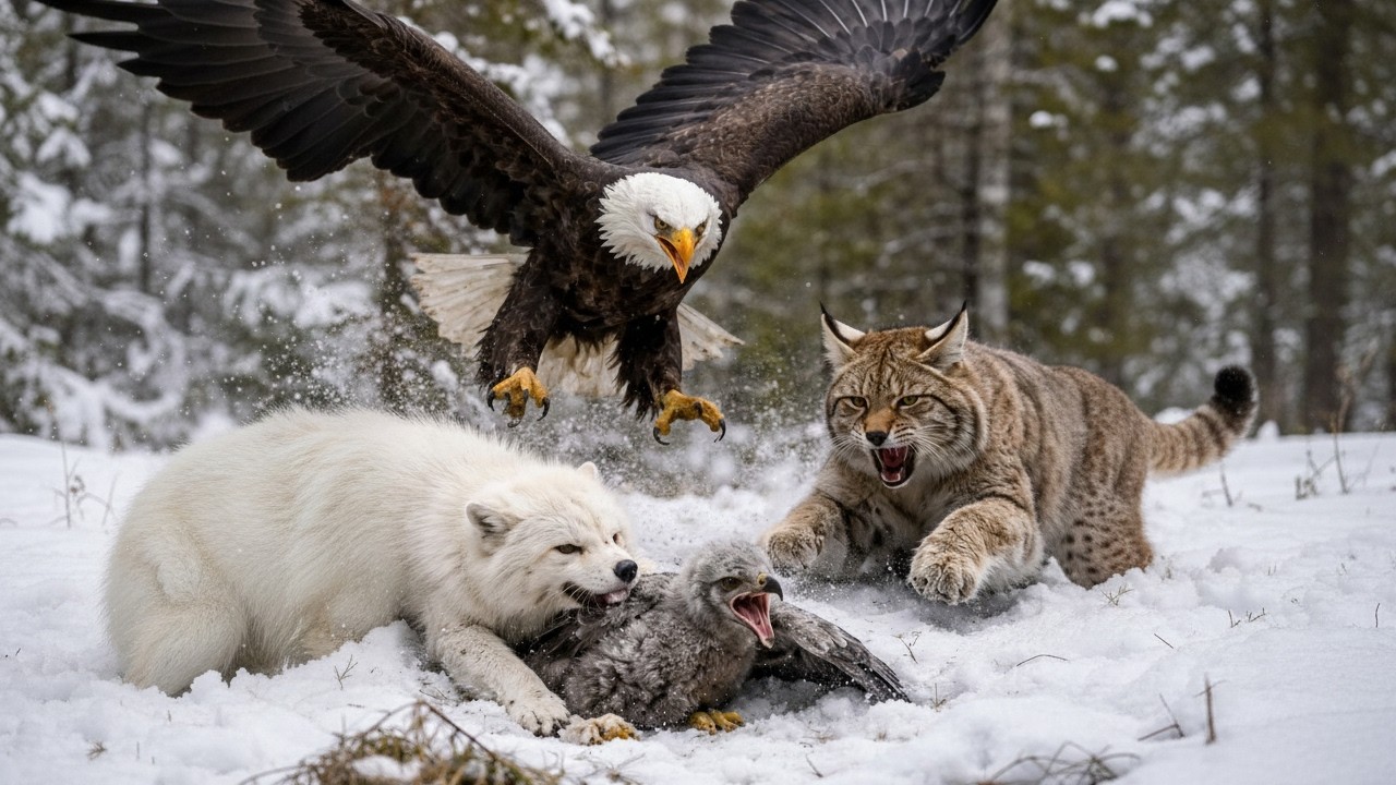 Fox and Lynx attack an Eagle Chick - The mother's response is incredible
