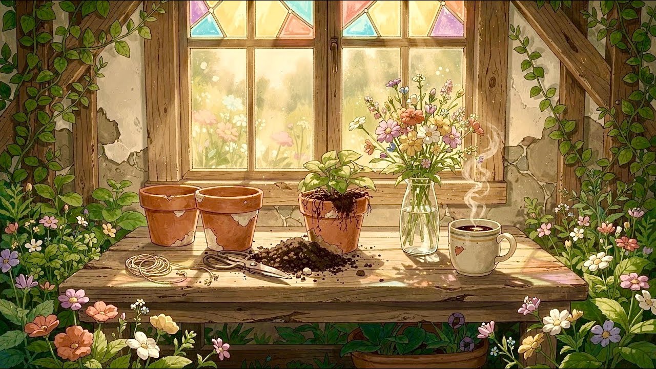 Working in a Sunlit Cottage Greenhouse 🌸 1 Hour Cozy Instrumental Music for Focus & Slow Living