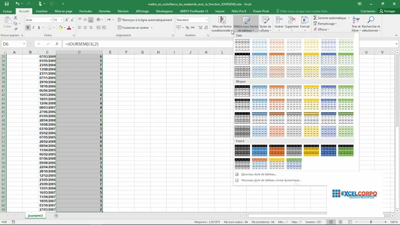 06 -Comment utiliser la fonction JOURSEM pour mettre en surbrillance les week-end dans Excel