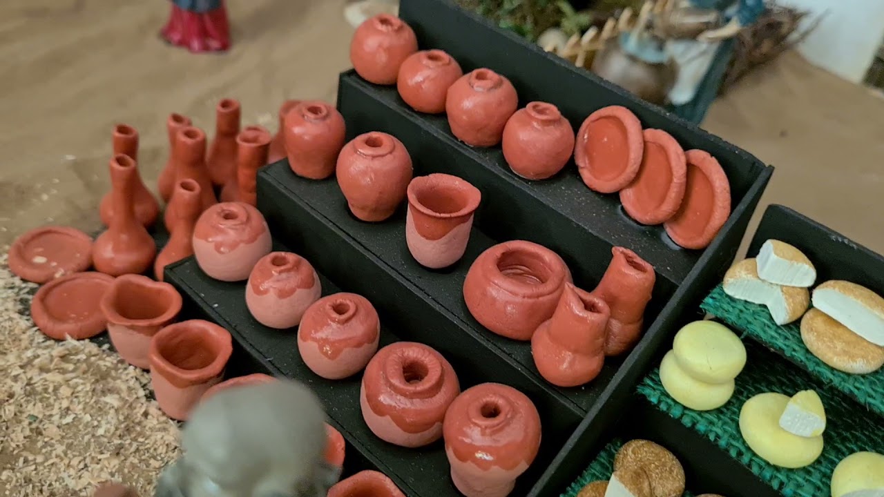 Los puestos del mercado en mi belén  | Puesto de VASIJAS ,QUESOS Y PAN|  con pasta de moldear