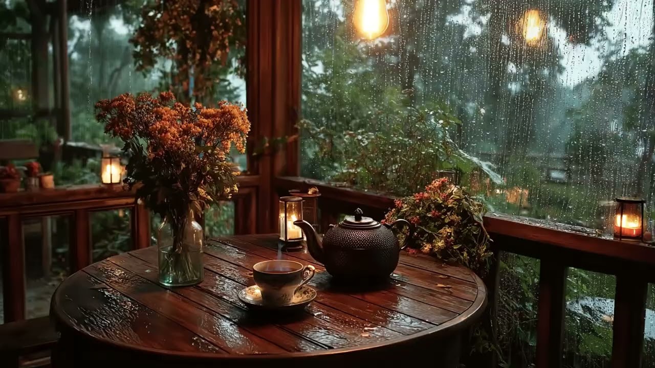 🌧️ Cozy Rainy Tea Table ASMR | Gentle Rain & Warm Light | Sleep Relax Study Work Meditation Calm