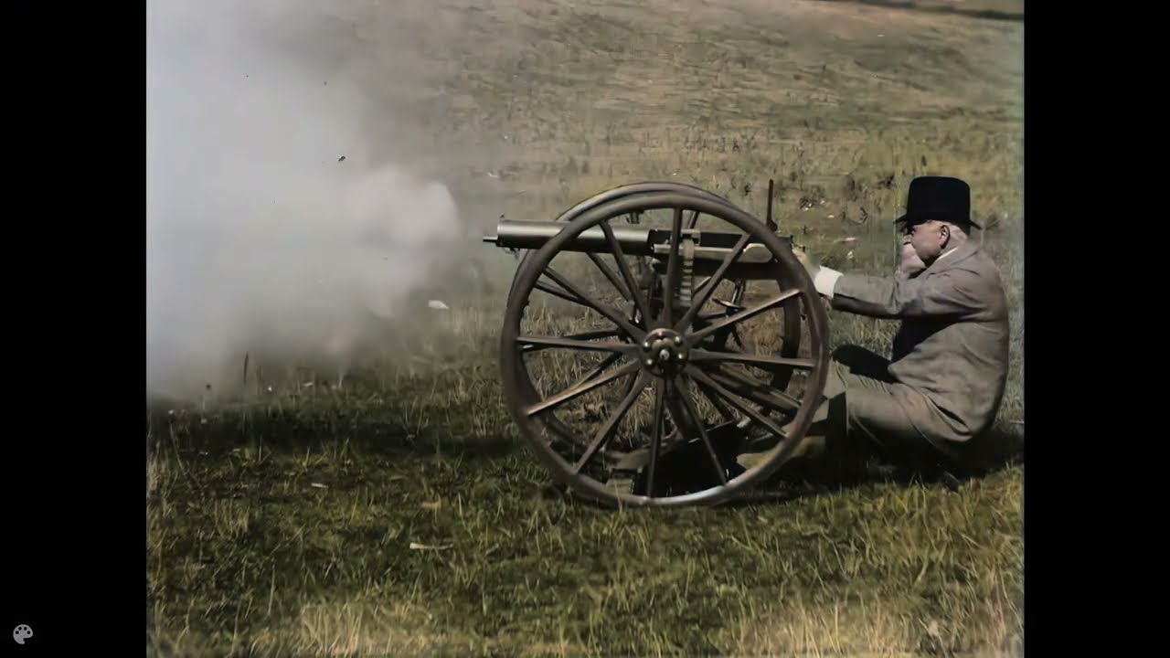 (1897) Sir Hiram Maxim  testing his invention, the machine gun.[4k, 60fps, colorized]