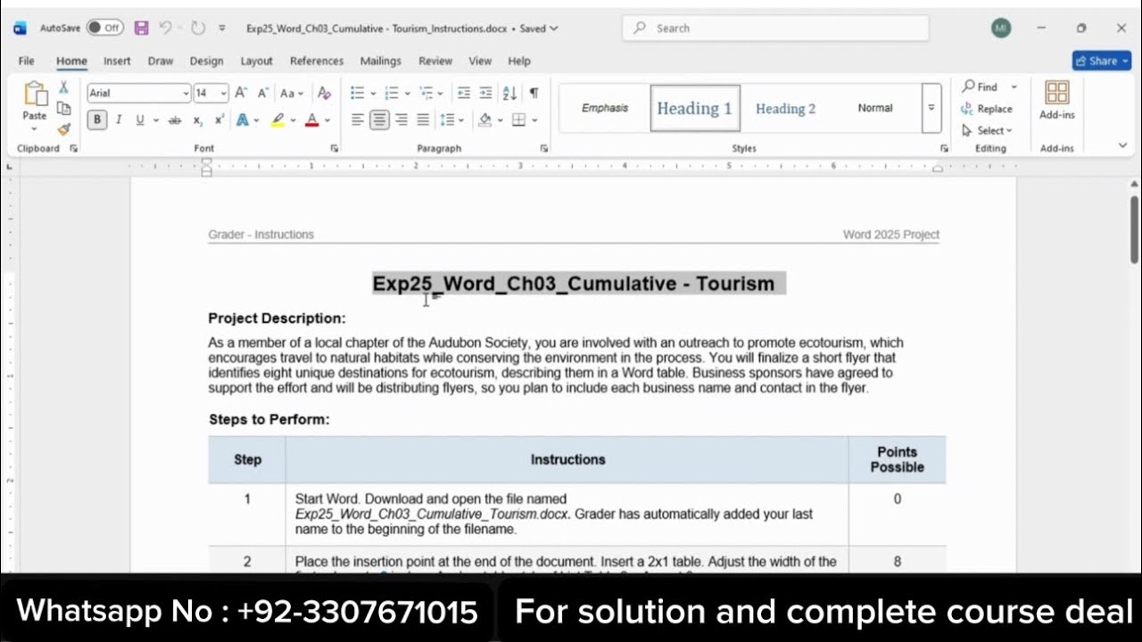 Exp25 Word Chapter 3 Cumulative – Tourism | Pearson MyLab Word Grader (100%)