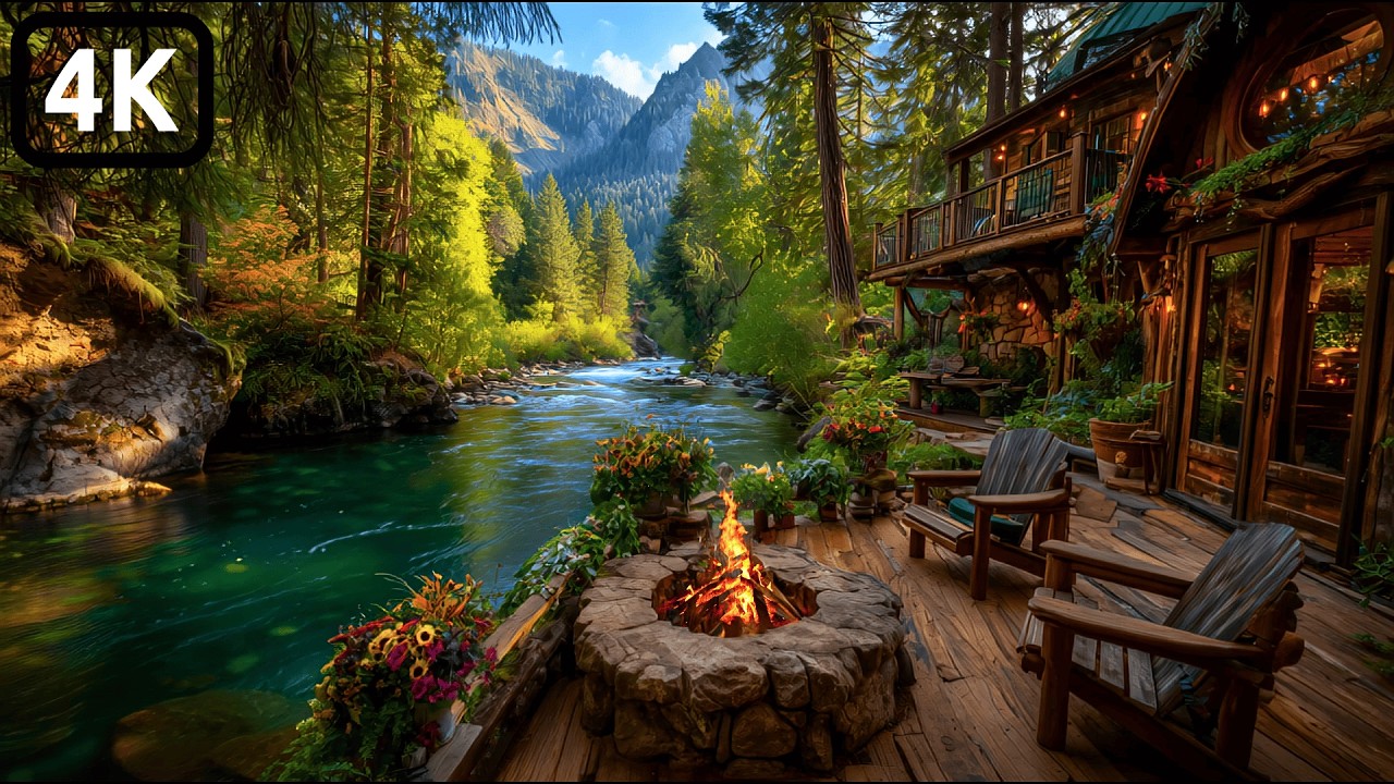 Fresh Spring Riverside Cabin 🌿 Cozy Porch & Campfire by the  River | Peaceful Nature Ambience (4K)