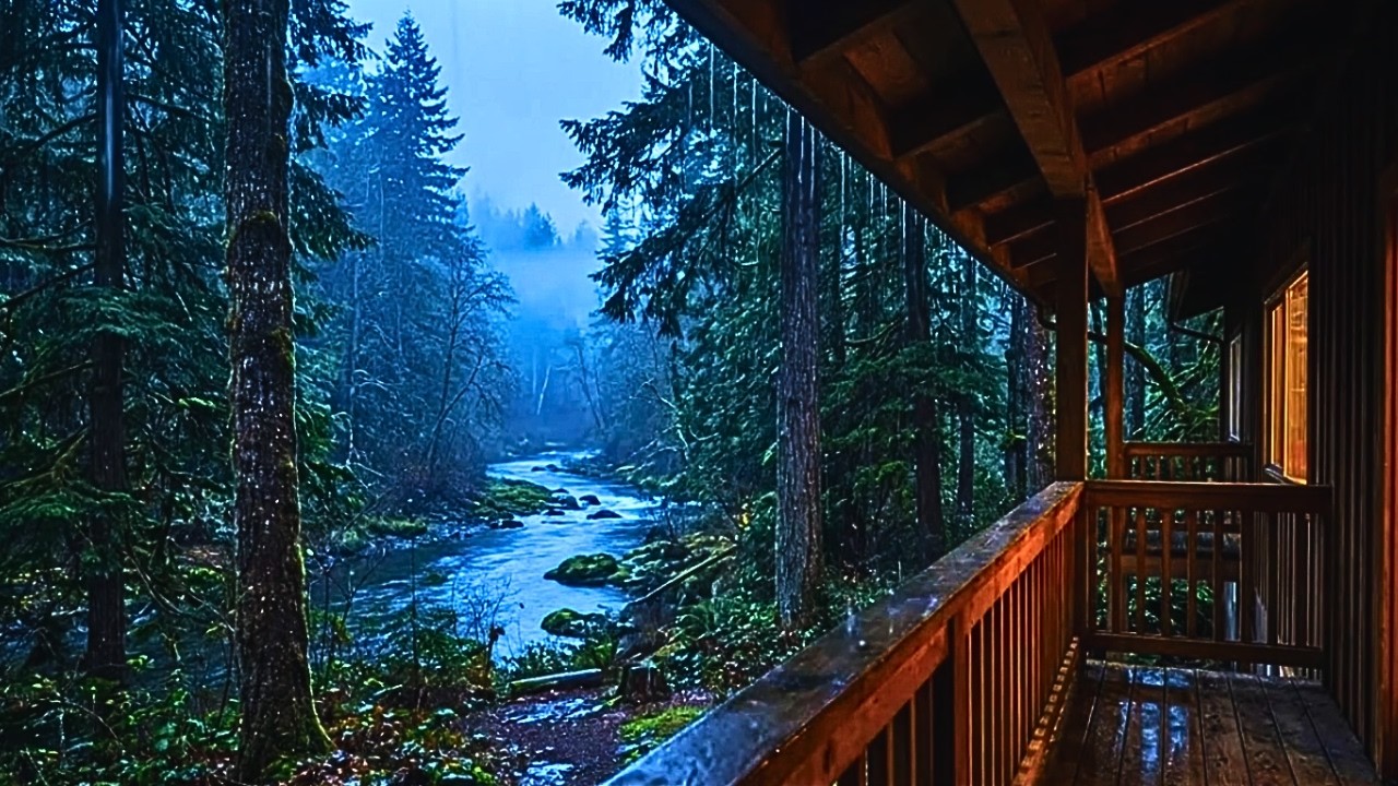 LIVE 🌧️ Rain on Forest Cabin Balcony | River Sounds for Deep Sleep & Relaxation