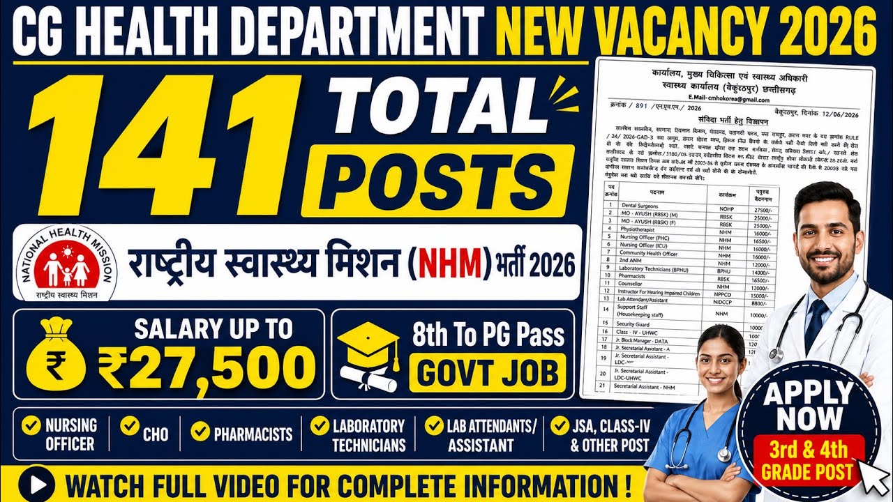 CG New NHM Vacancy 2026 | 141 Post 🔥  तृतीय व चतुर्थ श्रेणी कर्मचारी भर्ती | Health Dept Recruitment