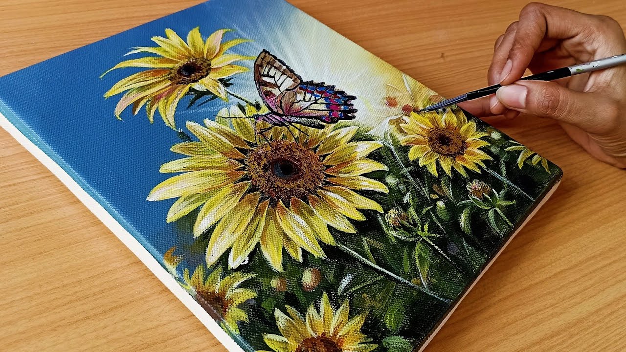 How to Draw a Sunflower with a Cute Butterfly in morning🌻🦋 / Acrylic painting