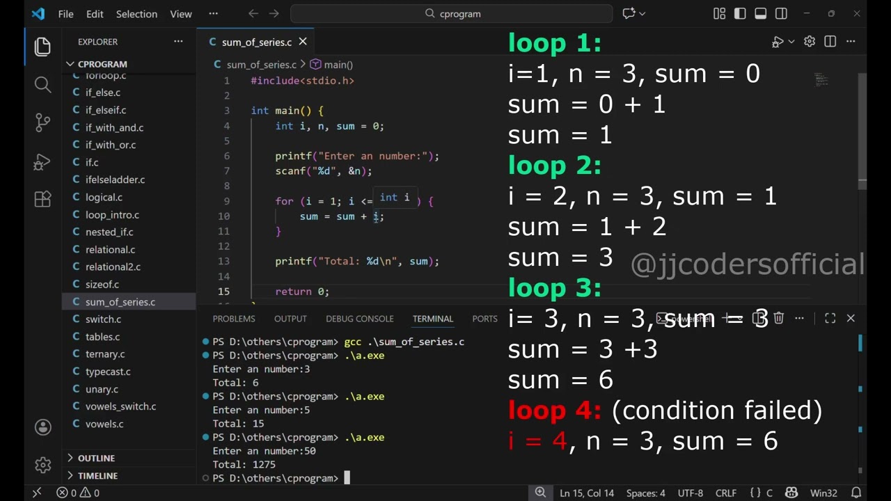 How to use for loop to calculate sum of 1 to n in C programming?