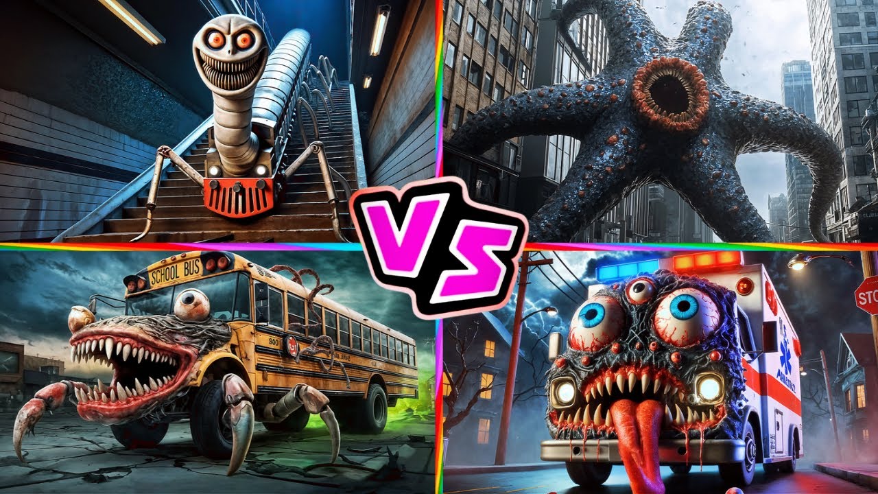Thomas Train 🆚 HUNGRY STAR 🆚 School Bus 🆚 Mutated Monster 🎶 Tiles Hop EDM Rush