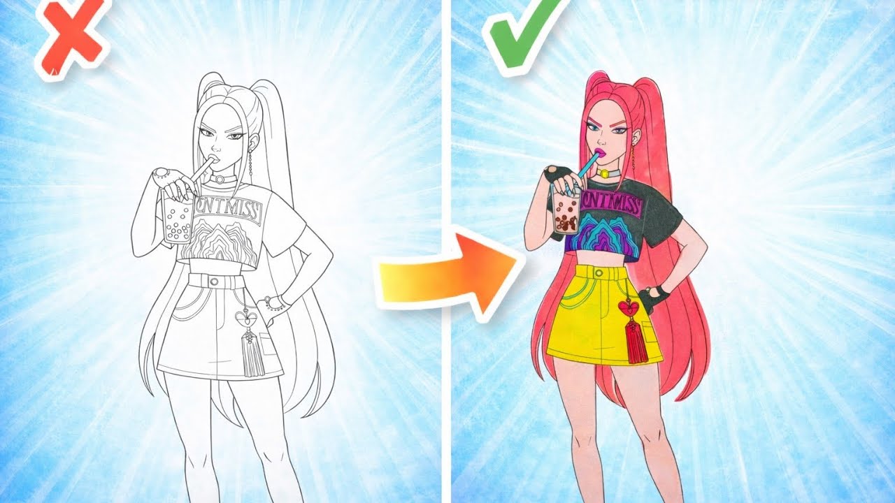 Bubble Tea lifts Mira's spirits/ Coloring Pages/ HUNTRIX GIRLS/ KPOP DEMON HUNTERS