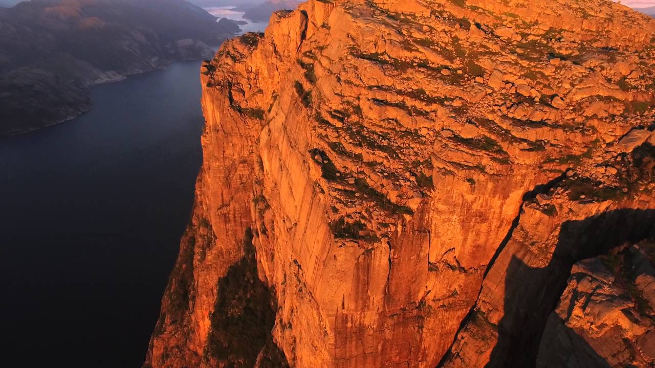 Flying drone over Preikestolen, Norway. Pulpit Rock.