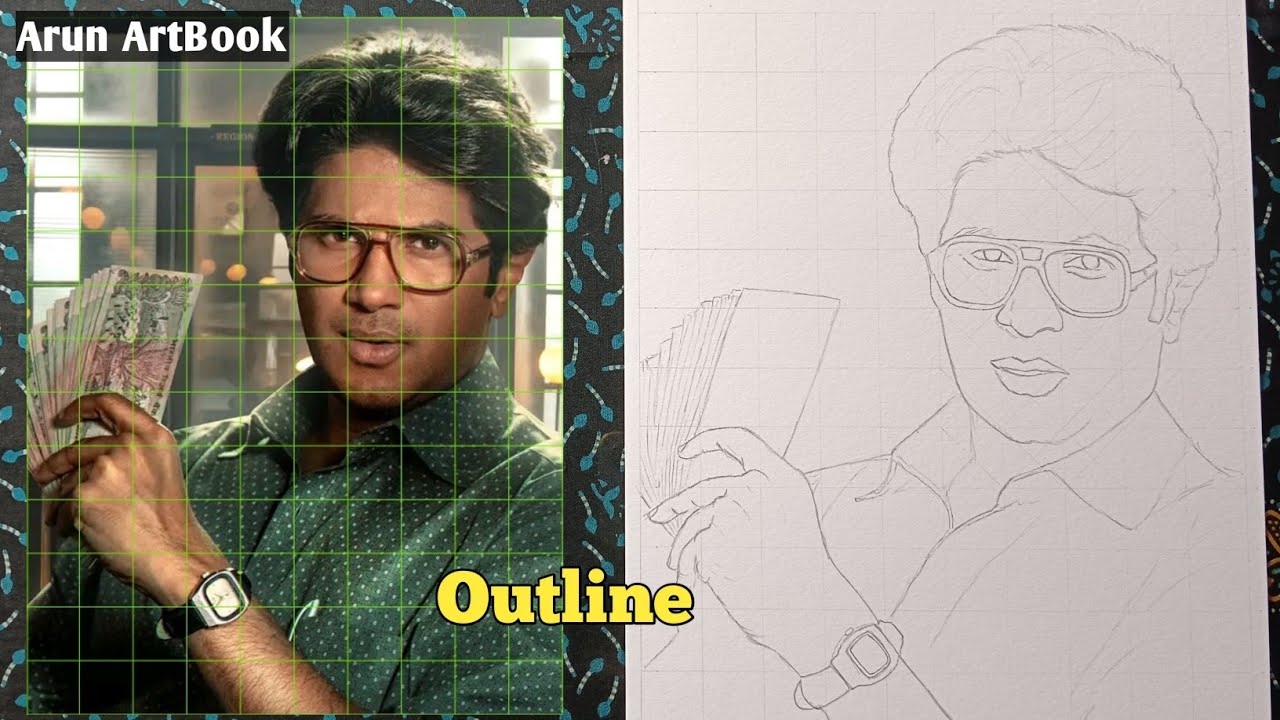 Lucky Baskhar Malayalam Movie Dulquer Salmaan Drawing Easy / Outline Tutorial / Arun ArtBook