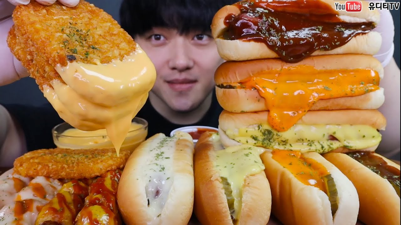 ASMR 수제핫도그 체다치즈 & 바비큐 & 갈릭 & 타르타르 & 허니치즈 핫도그 먹방 CHEDDA CHEESE HOTDOGS MUKBANG