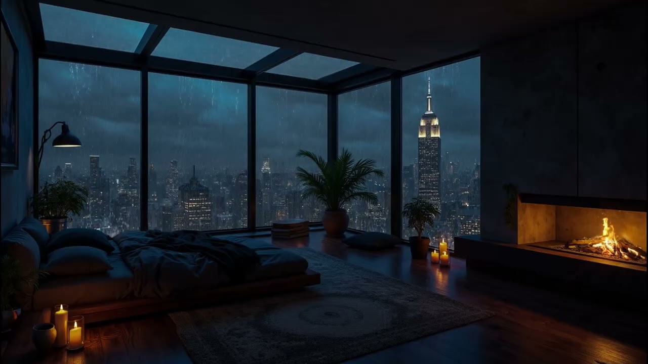 Rainstorm on the Window in NYC 💤Cozy Apartment Ambience With Rain Sounds & Fireplace Sounds