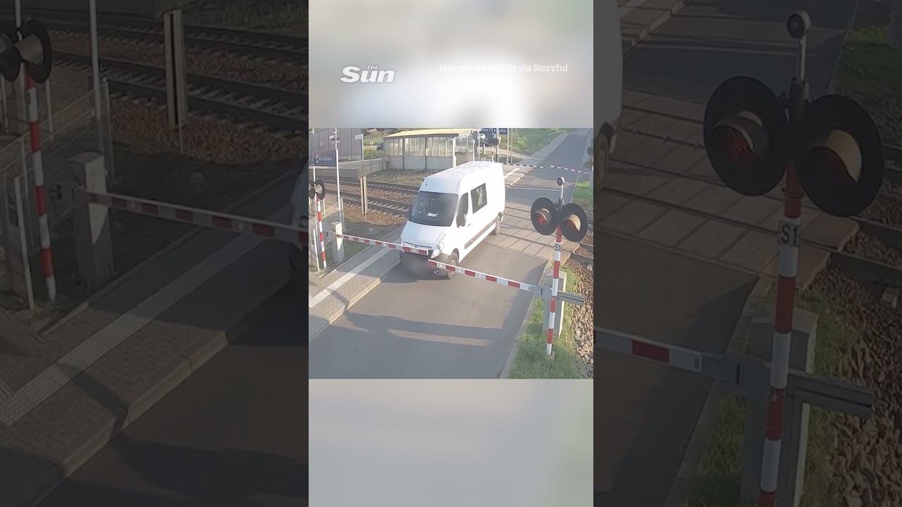 Terrifying moment train hits van with driver still inside