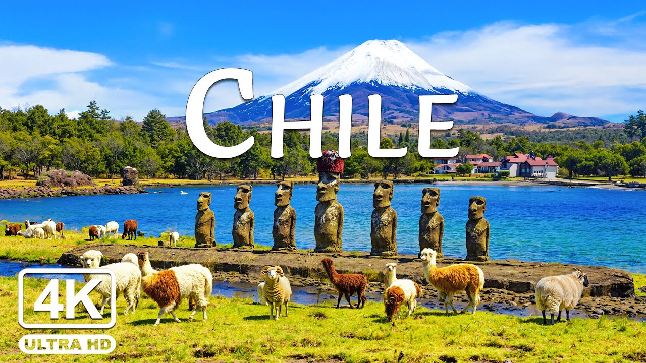 CHILE 4K VIDEO UHD - Stunning aerial view of majestic snow-capped mountains, great rivers