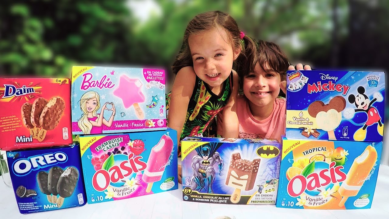 D&Eacute;GUSTATION de GLACES entre FR&Egrave;RE et SOEUR - Nouvelles glaces OR&Eacute;O, BARBIE, MICKEY, OASIS et BATMAN