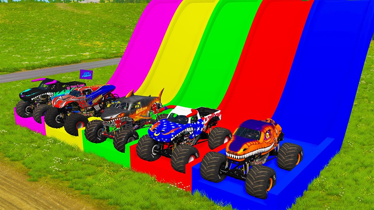 Double Flatbed Trailer Monster Trucks Transport with Slide Color - Cars vs Speed bump - BeamNG #98
