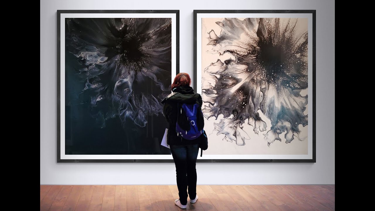 (426)  Double Dutch Black and White Acrylic Pour Paintings  harmony house art