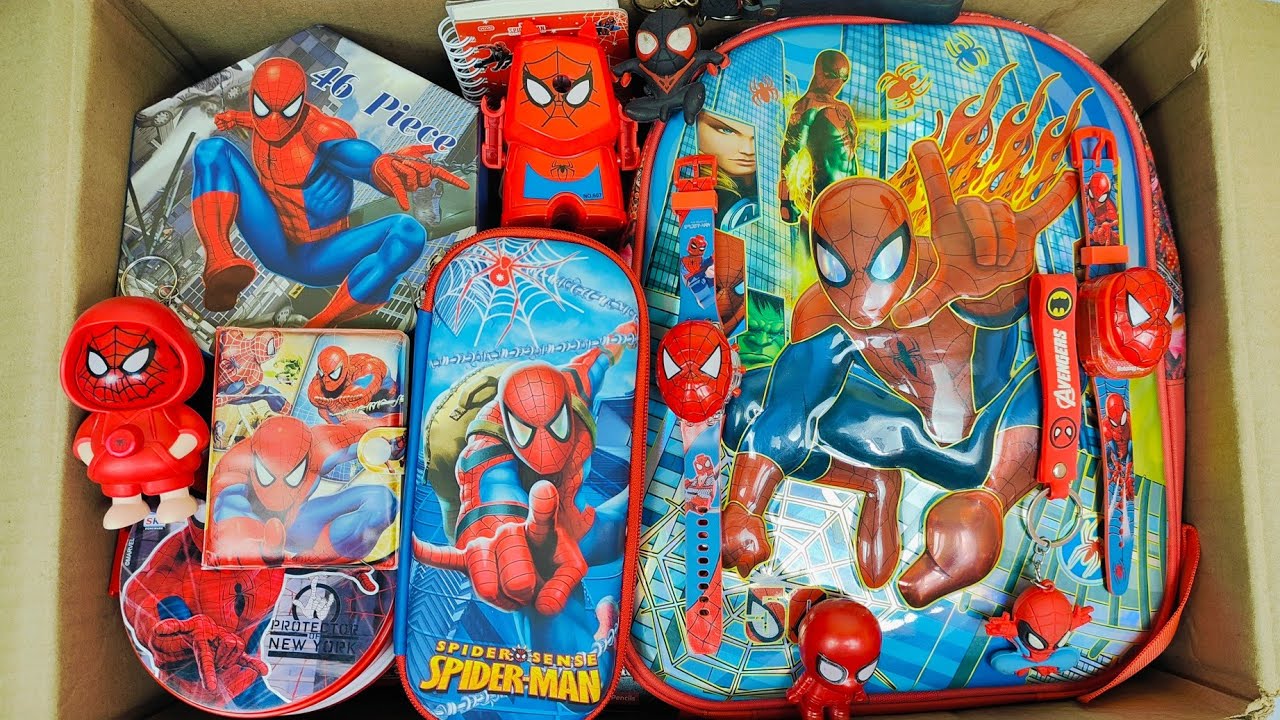 New Spiderman Stationery 📚School Bag, Watch, Sharpener, Geometry Box, Eraser, Pen, Keychain