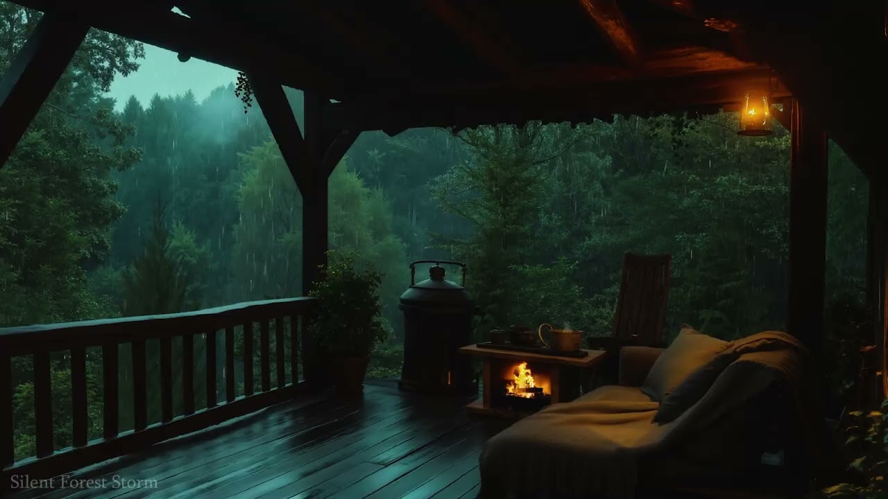 Sleep with Forest Rain 🌧️ Warm Fireplace Glow | Deep Woods Balcony at Night