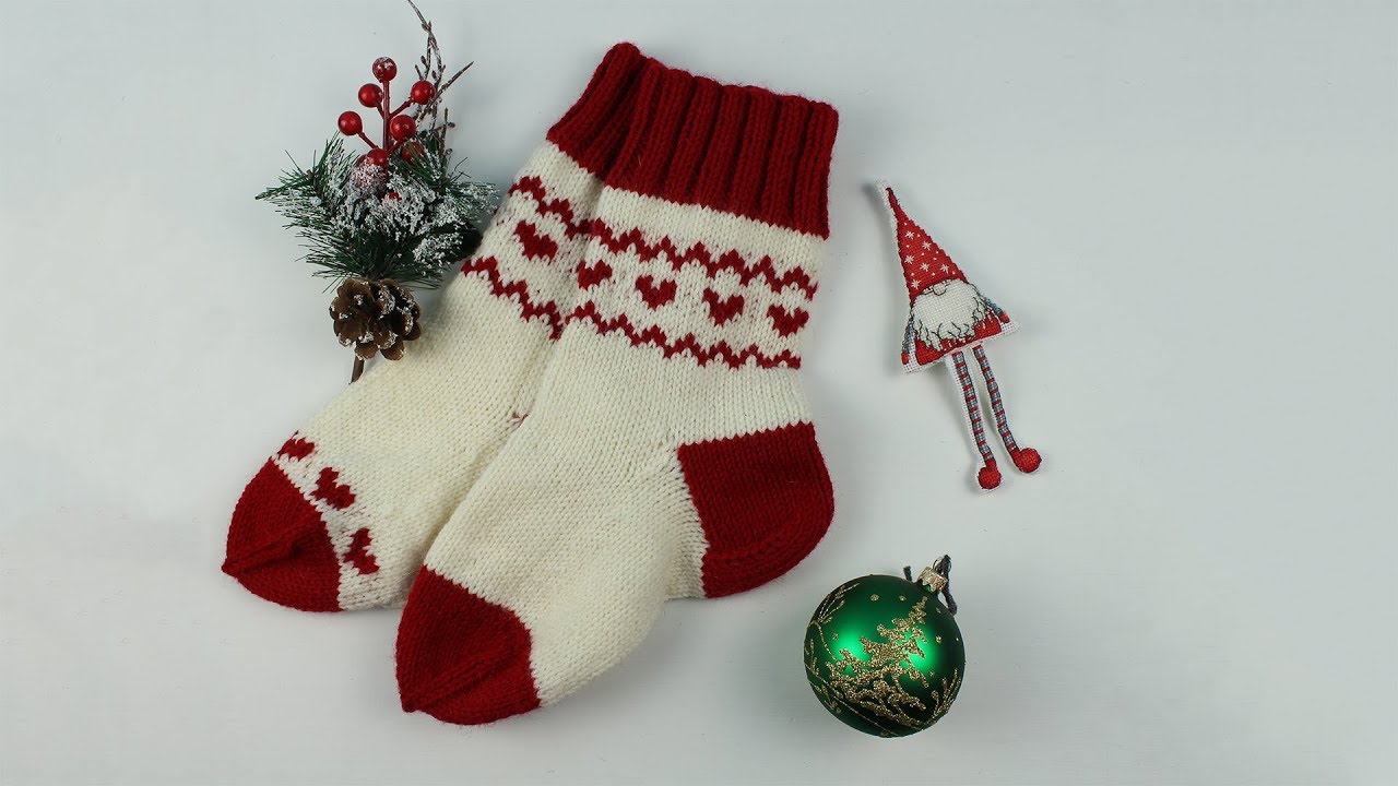 Как связать носки спицами. Жаккард без протяжек. Christmas Stocking