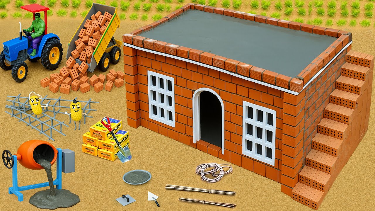 DIY Mini Brick House Construction | Homemade Tractor Builds Tiny House Science Project
