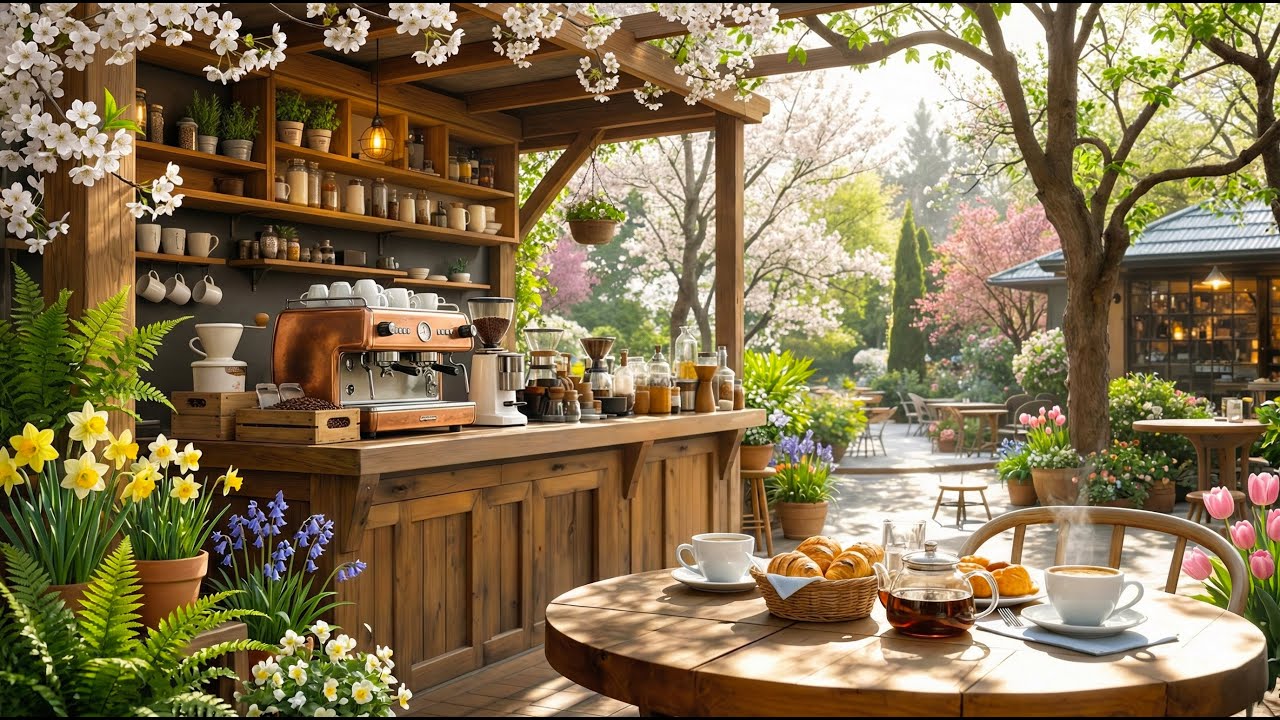 Morning Spring Jazz 🌸☕ Soft Jazz Music at Cozy Garden Coffee Shop Ambience for Study, Work, Relax🎶