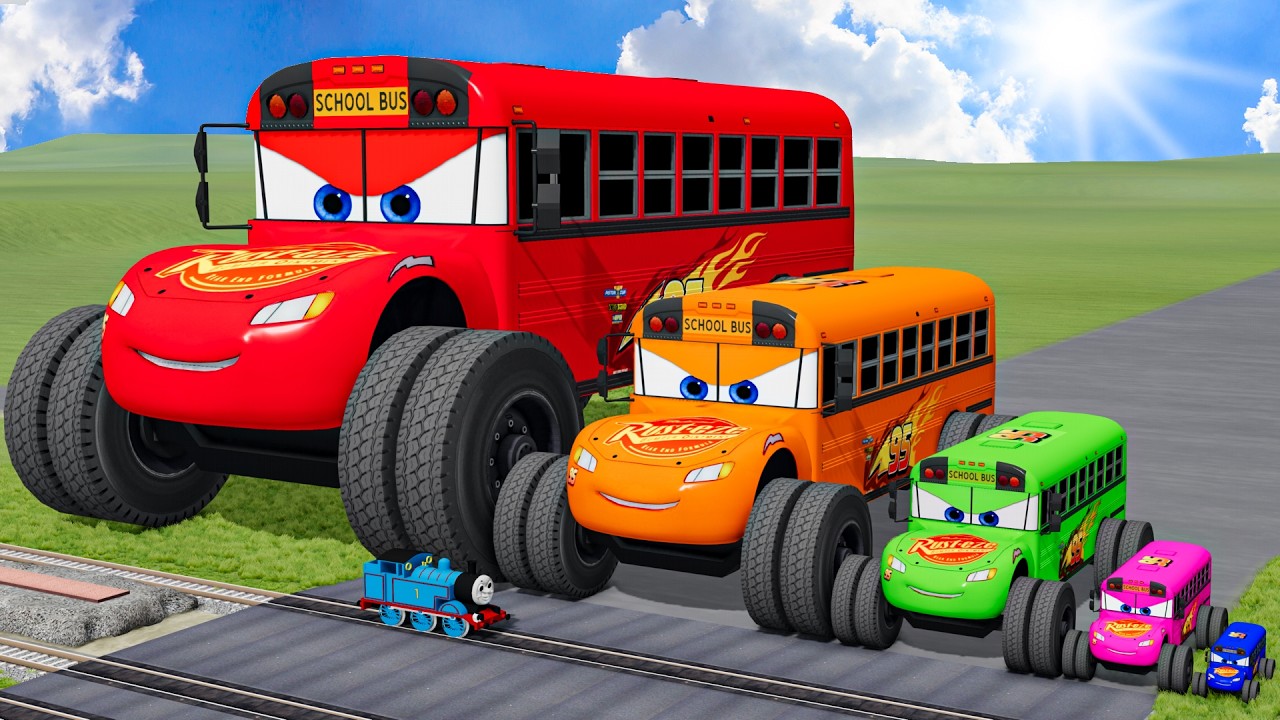 Big & Small Color School Bus Lightning Mcqueen vs Train Thomas | BeamNG.Drive