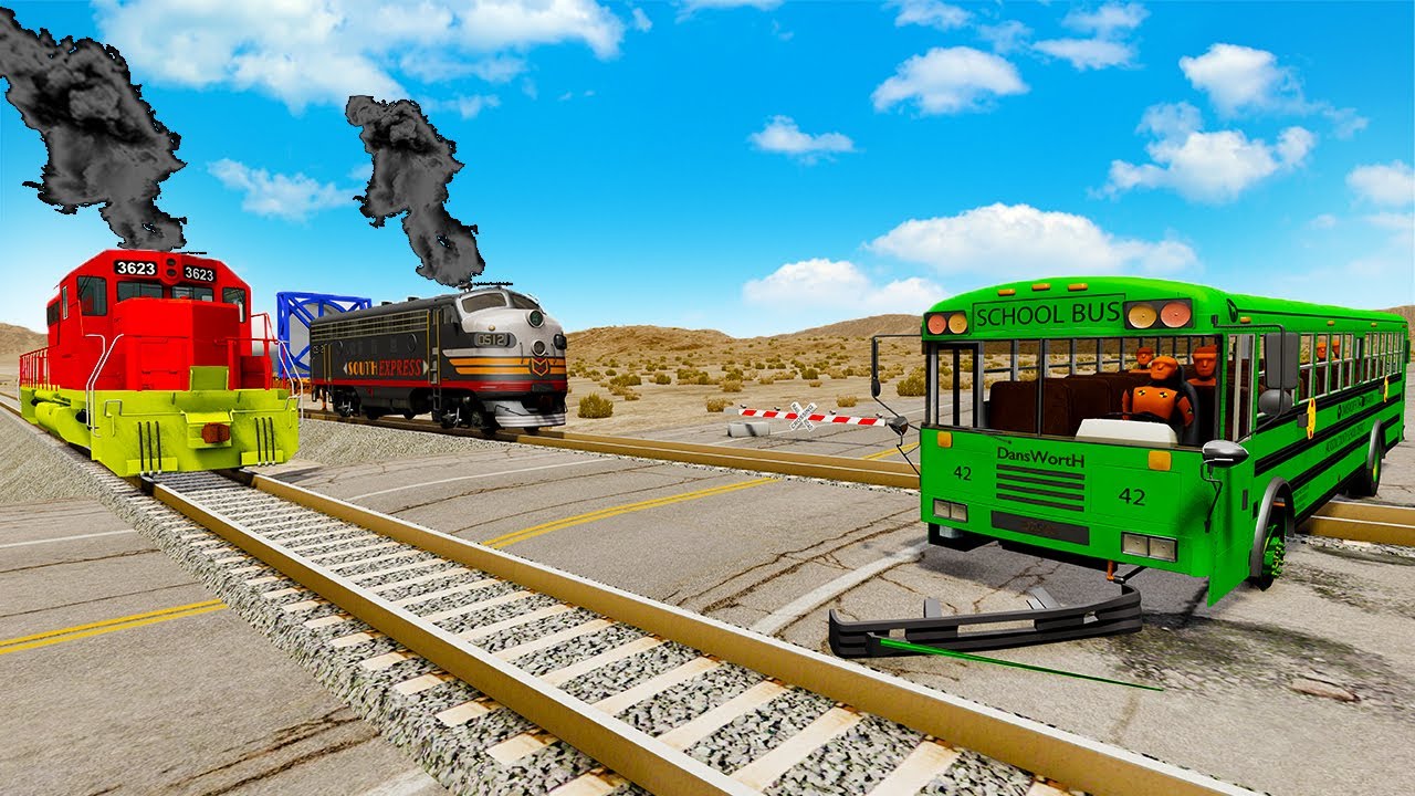 Trains vs Lava Crossing Road and Double Rails Tractor Rescue Stuck Cars and Buses   BeamNG Drive 027