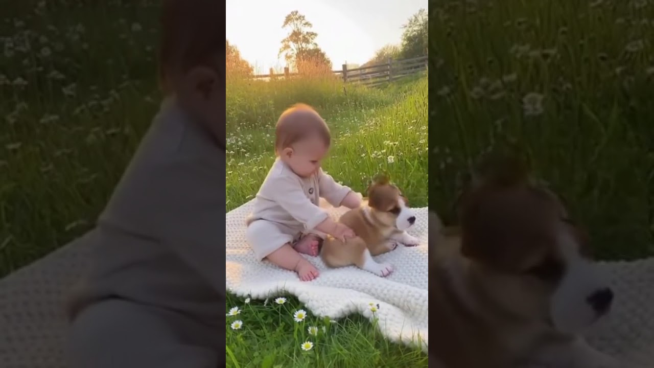 Baby Giving a Tiny Puppy a Clumsy Gentle Massage