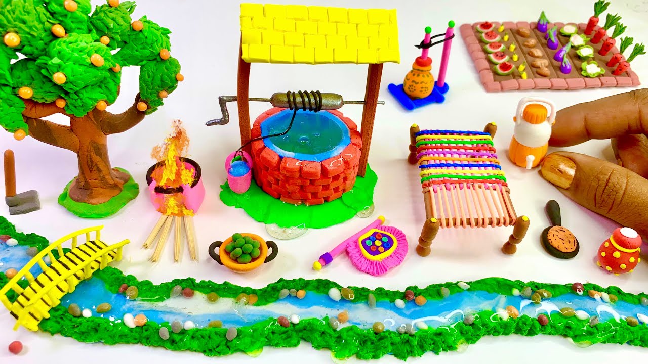 DIY How to make polymer clay miniature Water well, Kitchen set, Stream, Tree, Charpai |Village House