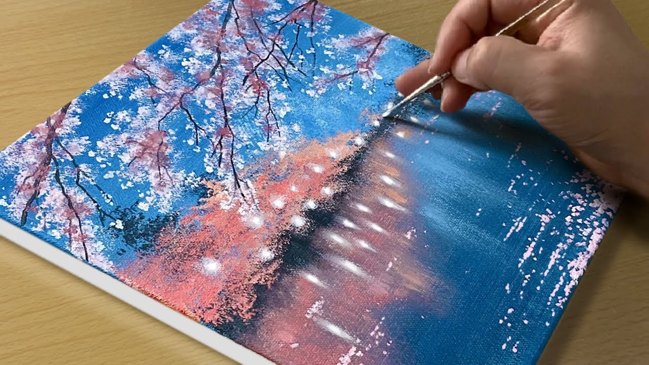 Easy Way to Draw Cherry Blossom Landscape / Acrylic Painting for Beginners